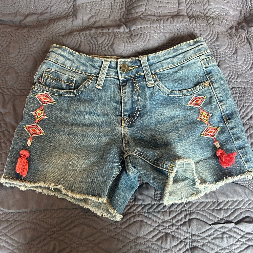 Embroidered Denim Shorts with Red Accents